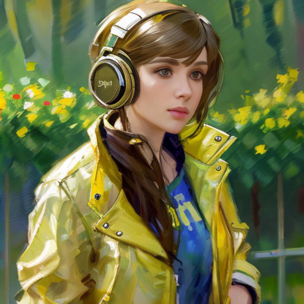 Oil painting of a woman wearing headphones and a yellow jacket, longing