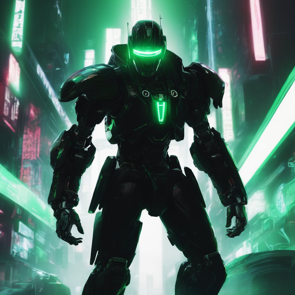 warrior, half man, half robot, clad in a black and green cyberpunk mask, Beams of light